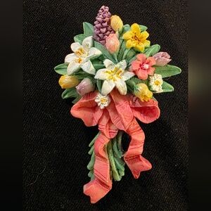 Floral Bouquet Brooch with Pink Ribbon